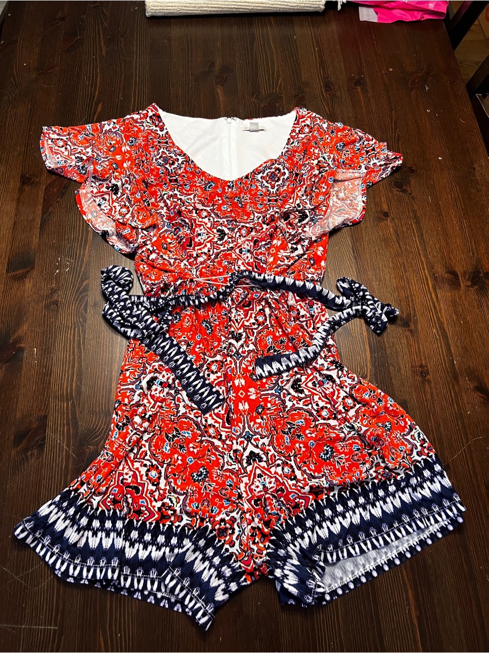 Red & Navy Floral Romper with Belt